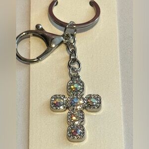 Clear AB Rhinestones Cross Handbag Bag Charm NIP Faith Silver Tone Keychain